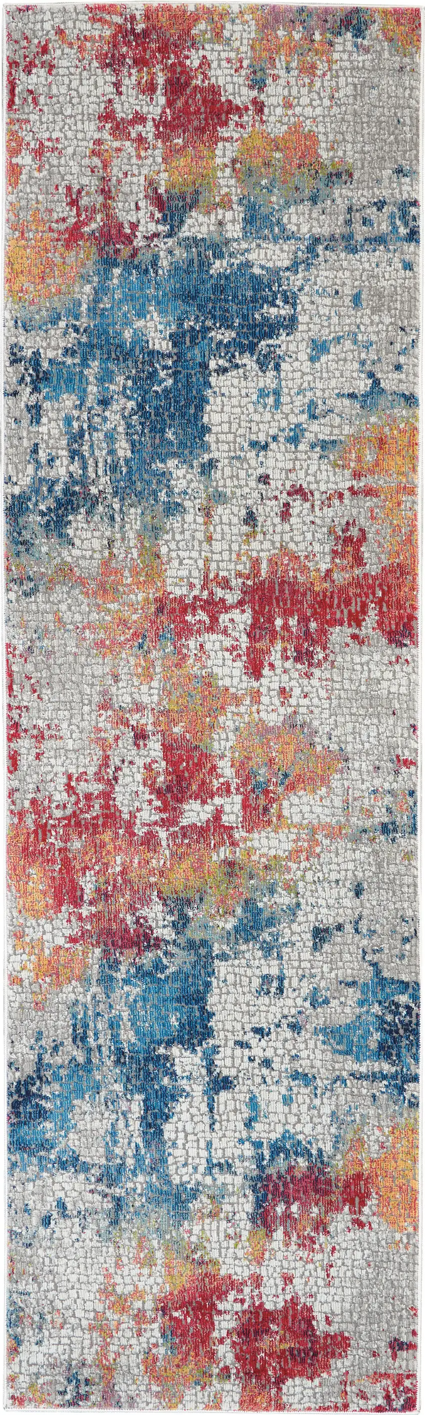 6' Ivory Blue and Orange Abstract Distressed Non Skid Runner Rug Photo 2