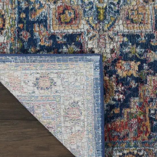 6' Ivory Blue and Orange Floral Distressed Non Skid Runner Rug Photo 6