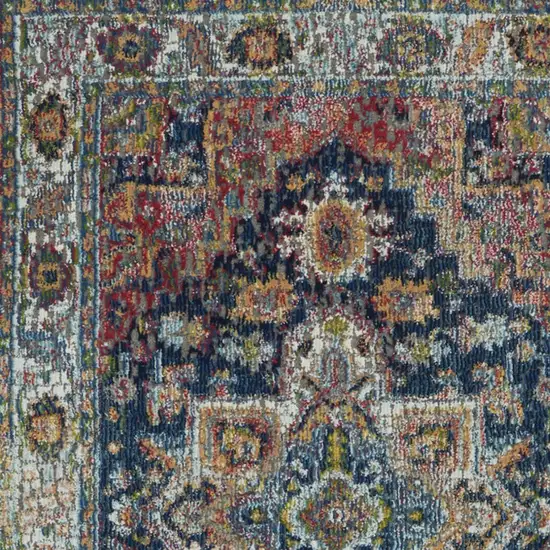 6' Ivory Blue and Orange Floral Distressed Non Skid Runner Rug Photo 8