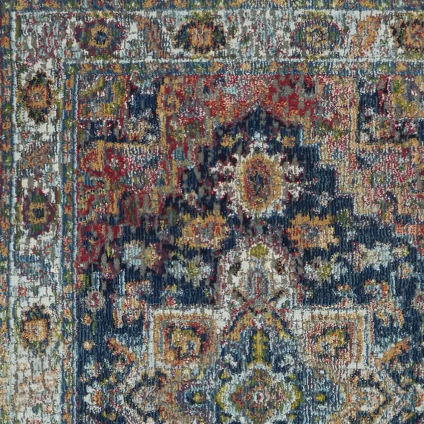 6' Ivory Blue and Orange Floral Distressed Non Skid Runner Rug Photo 8