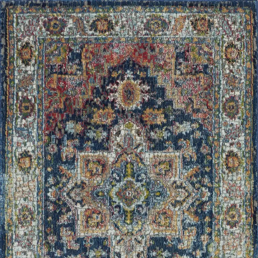 6' Ivory Blue and Orange Floral Distressed Non Skid Runner Rug Photo 9