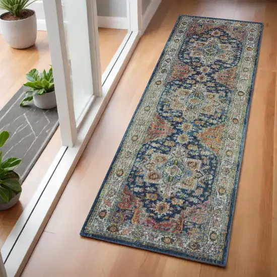 6' Ivory Blue and Orange Floral Distressed Non Skid Runner Rug Photo 1