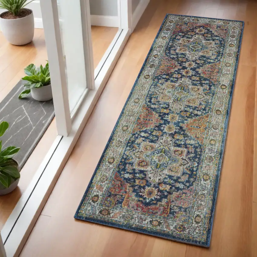 6' Ivory Blue and Orange Floral Distressed Non Skid Runner Rug Photo 1