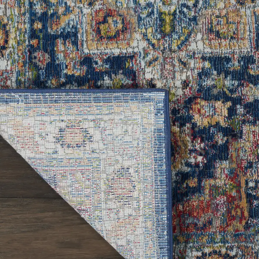 8' Ivory Blue and Orange Floral Distressed Non Skid Runner Rug Photo 6