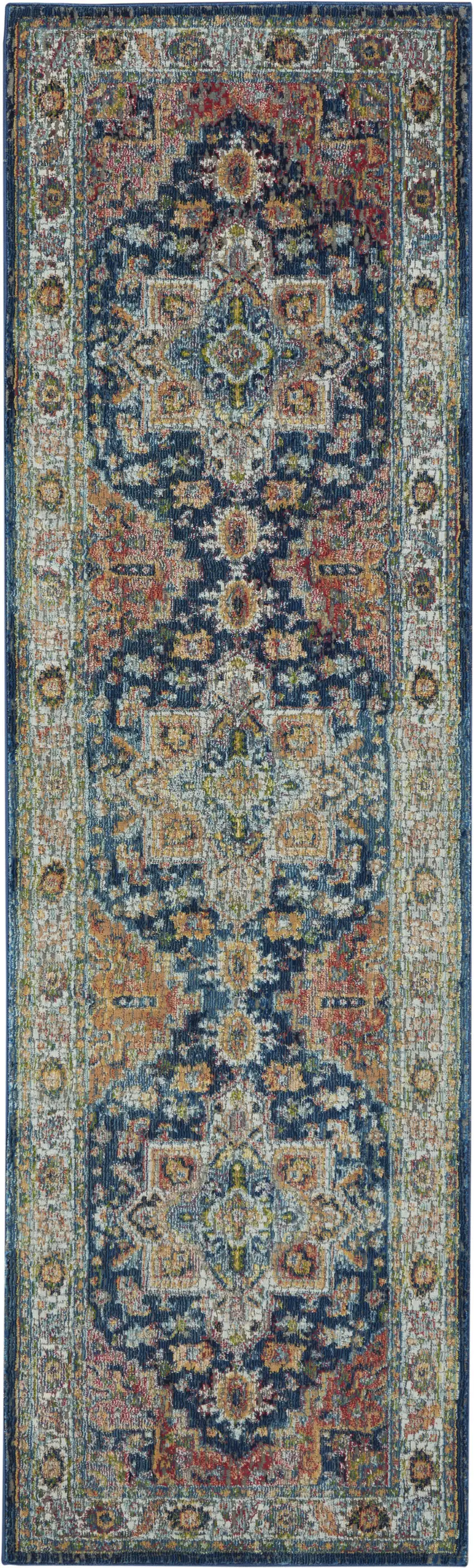8' Ivory Blue and Orange Floral Distressed Non Skid Runner Rug Photo 4