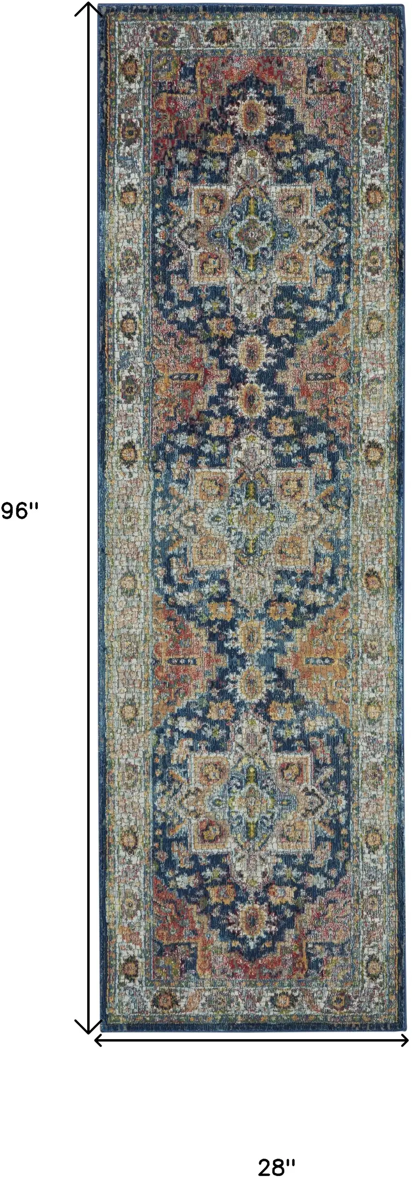 8' Ivory Blue and Orange Floral Distressed Non Skid Runner Rug Photo 3