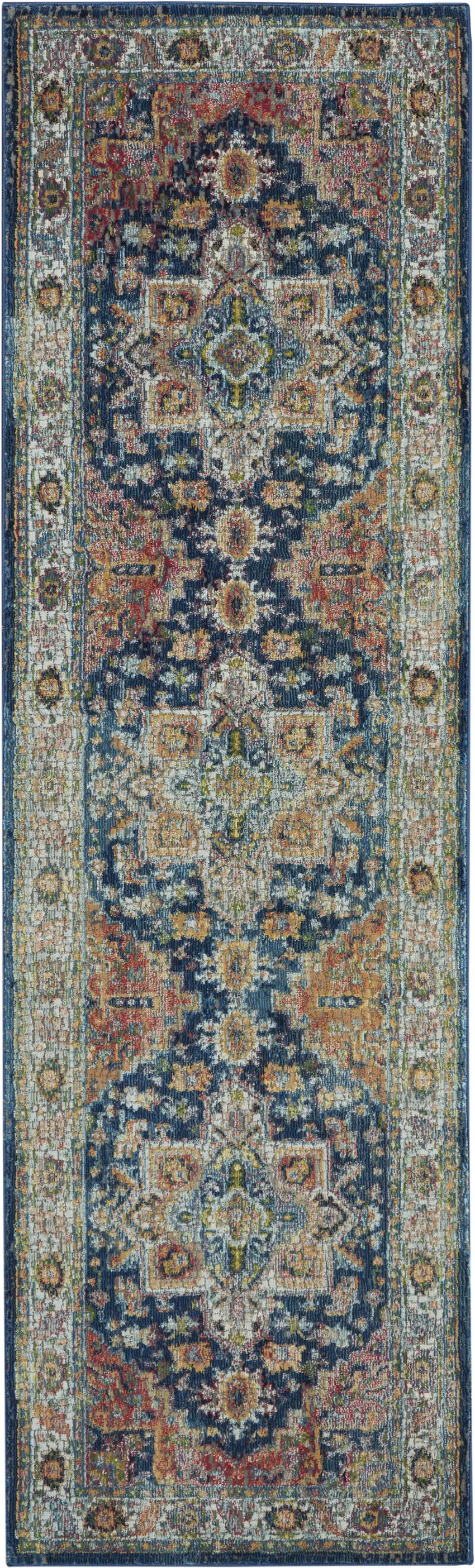8' Ivory Blue and Orange Floral Distressed Non Skid Runner Rug Photo 2