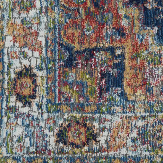 8' Ivory Blue and Orange Floral Distressed Non Skid Runner Rug Photo 7