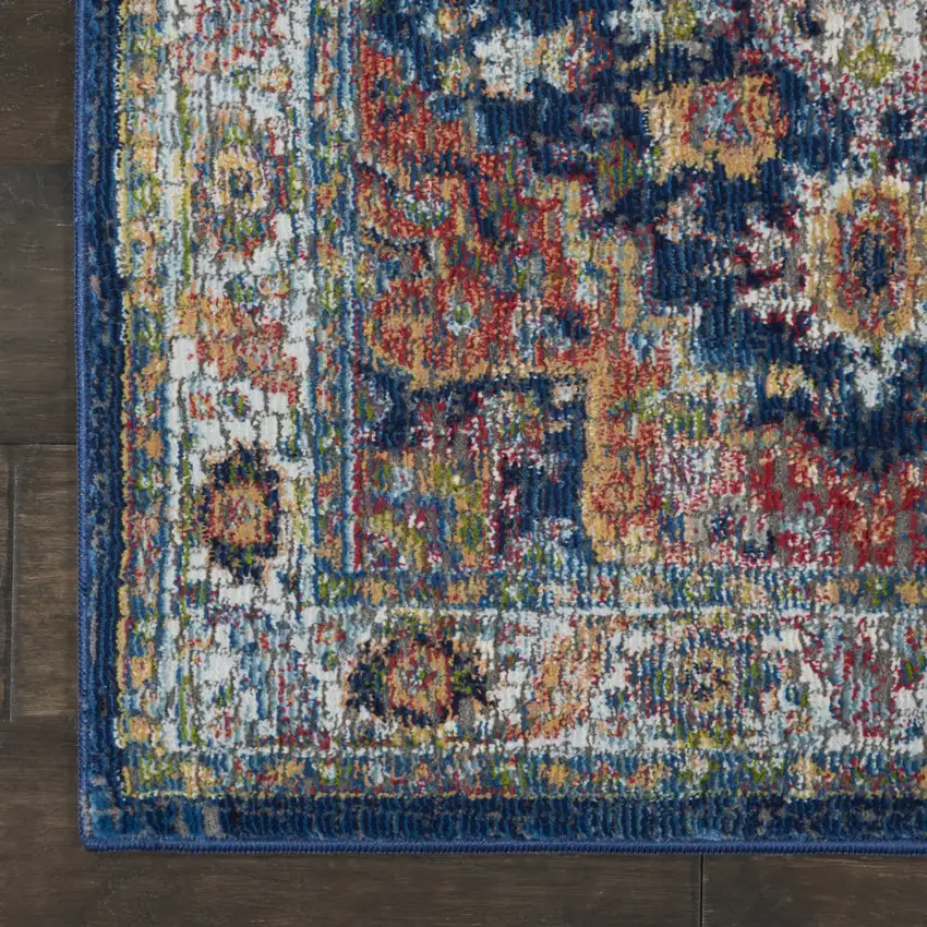 8' Ivory Blue and Orange Floral Distressed Non Skid Runner Rug Photo 9