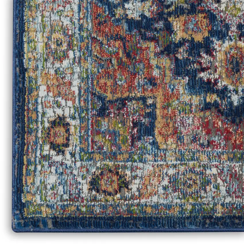 8' Ivory Blue and Orange Floral Distressed Non Skid Runner Rug Photo 7