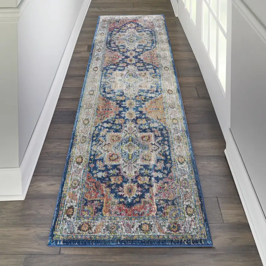 8' Ivory Blue and Orange Floral Distressed Non Skid Runner Rug Photo 4