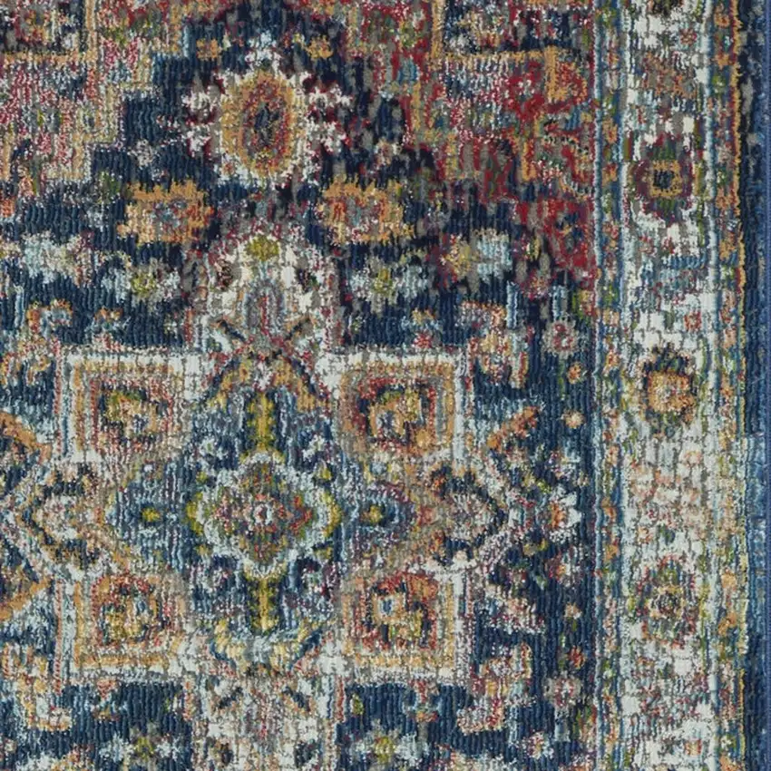 8' Ivory Blue and Orange Floral Distressed Non Skid Runner Rug Photo 3