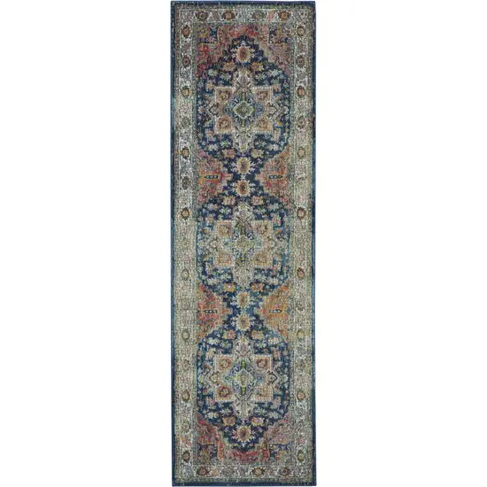 8' Ivory Blue and Orange Floral Distressed Non Skid Runner Rug Photo 8