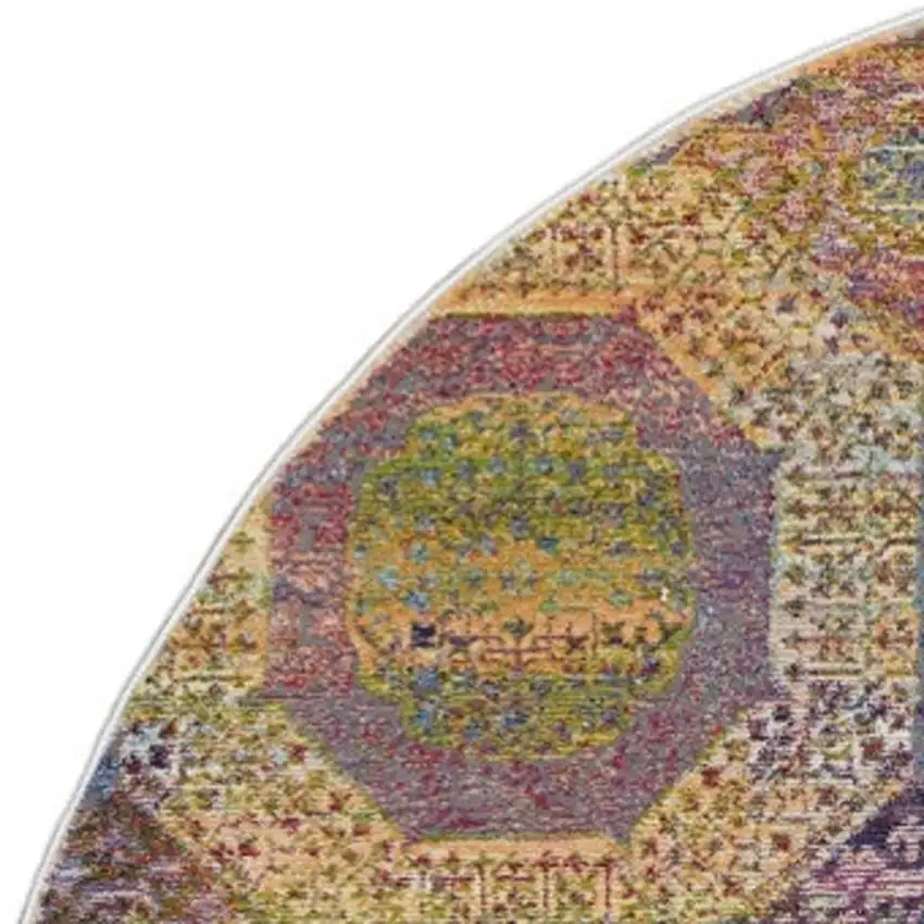 4' Ivory Blue and Orange Geometric Distressed Non Skid Round Rug Photo 3