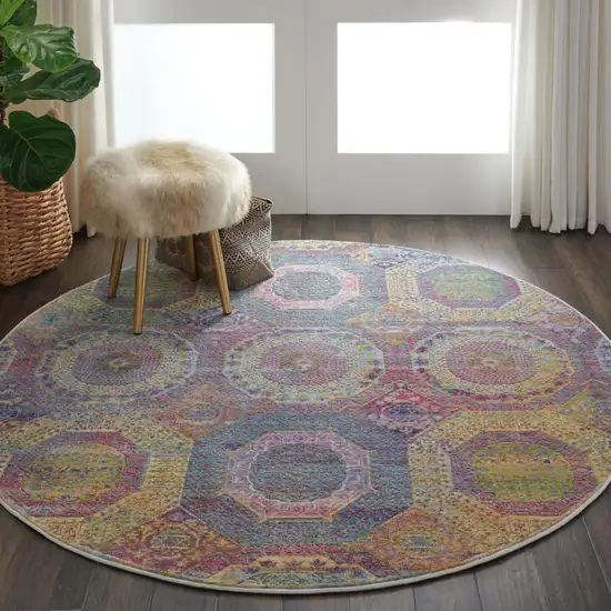 4' Ivory Blue and Orange Geometric Distressed Non Skid Round Rug Photo 5