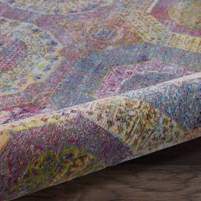 4' Ivory Blue and Orange Geometric Distressed Non Skid Round Rug Photo 9