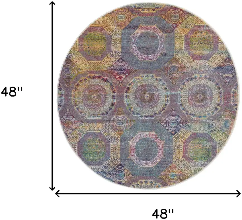 4' Ivory Blue and Orange Geometric Distressed Non Skid Round Rug Photo 3