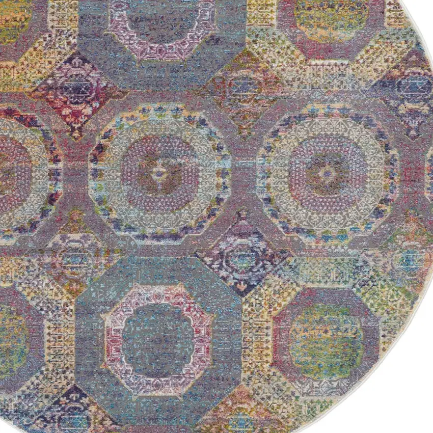 4' Ivory Blue and Orange Geometric Distressed Non Skid Round Rug Photo 7