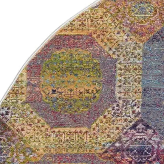 4' Ivory Blue and Orange Geometric Distressed Non Skid Round Rug Photo 8