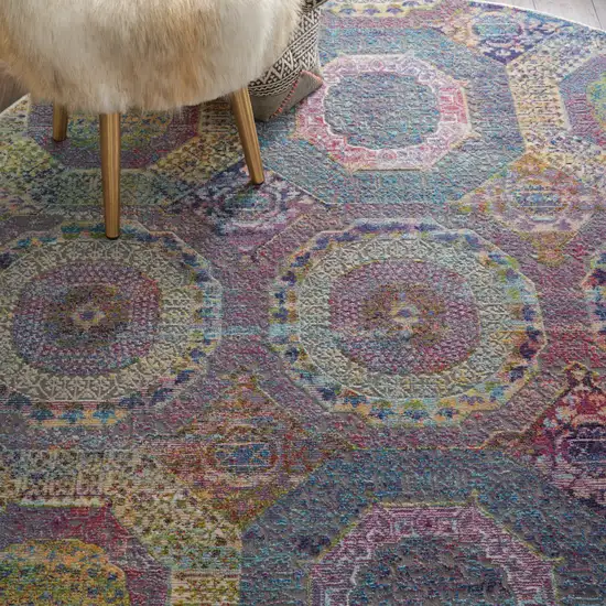 4' Ivory Blue and Orange Geometric Distressed Non Skid Round Rug Photo 6