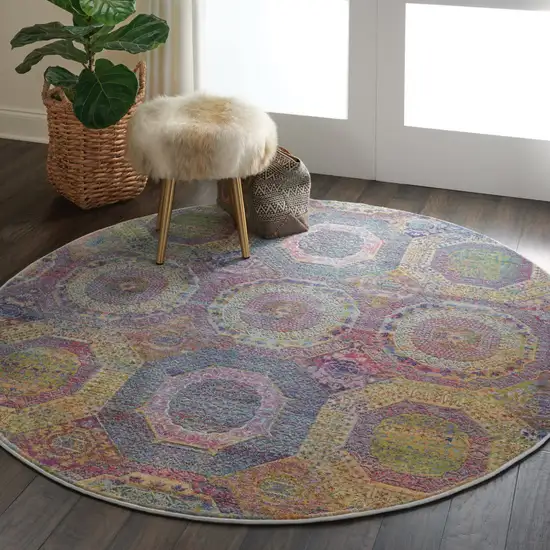 4' Ivory Blue and Orange Geometric Distressed Non Skid Round Rug Photo 7