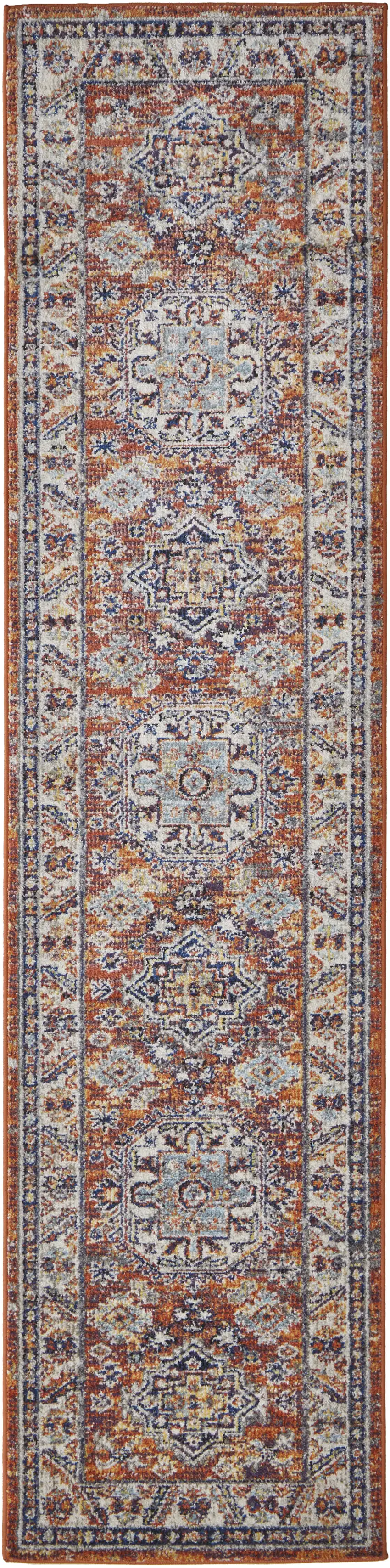 10' Ivory Blue and Orange Medallion Runner Rug Photo 2