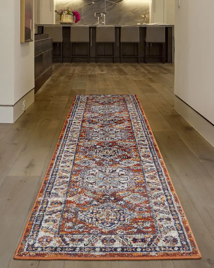 10' Ivory Blue and Orange Medallion Runner Rug Photo 6