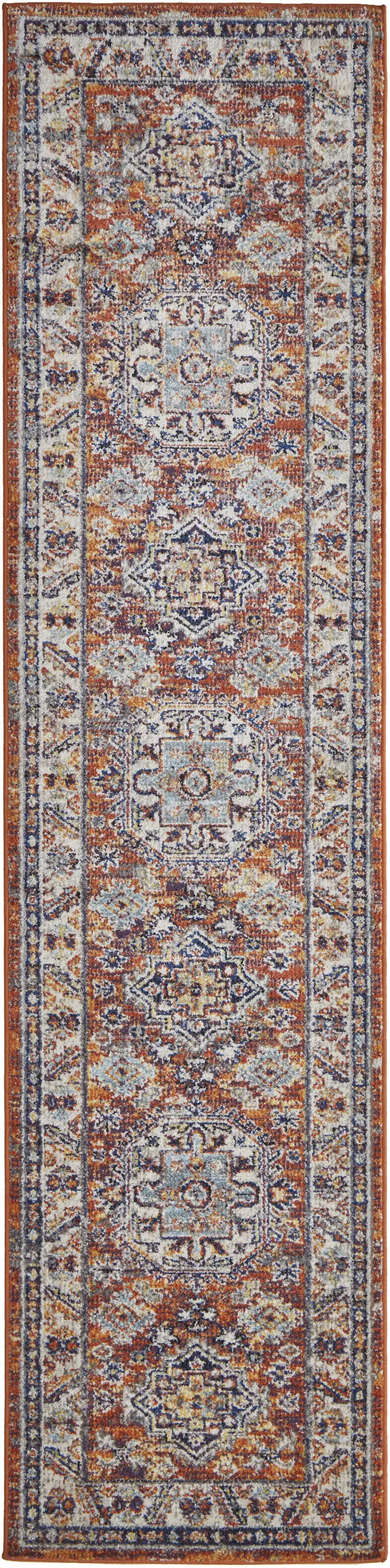 10' Ivory Blue and Orange Medallion Runner Rug Photo 4