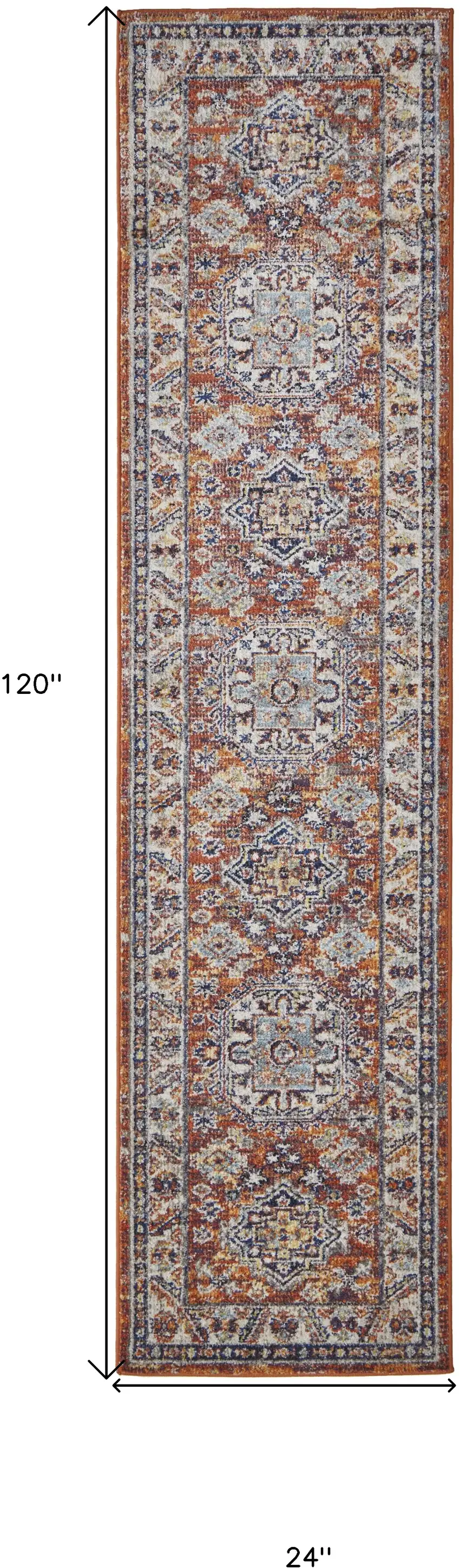 10' Ivory Blue and Orange Medallion Runner Rug Photo 3