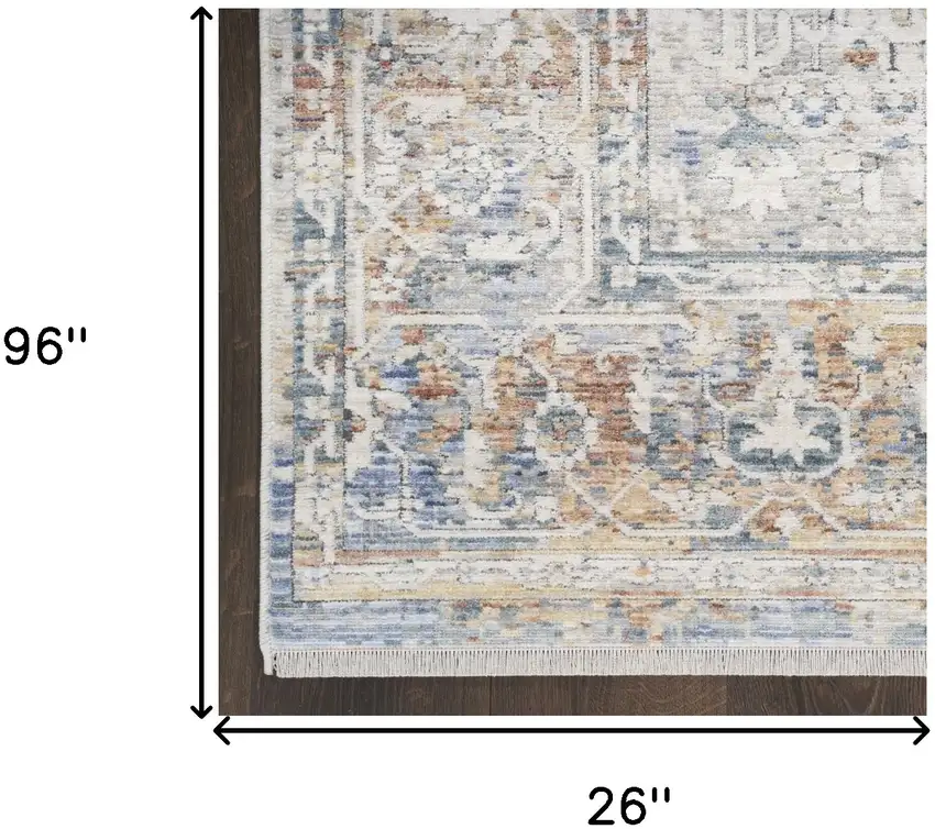 8' Ivory Blue and Orange Oriental Power Loom Distressed Runner Rug Photo 8