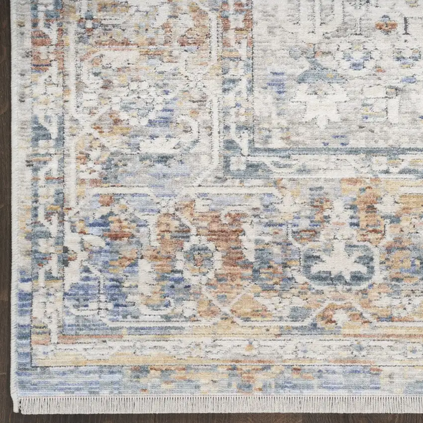 8' Ivory Blue and Orange Oriental Power Loom Distressed Runner Rug Photo 6