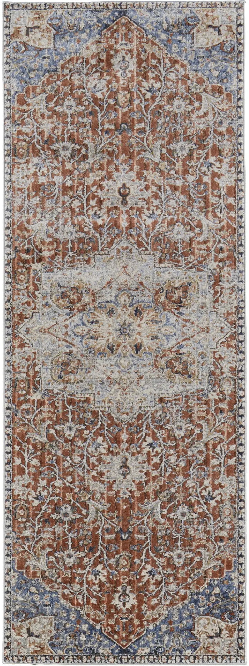 10' Ivory Blue and Orange Oriental Power Loom Runner Rug With Fringe Photo 2
