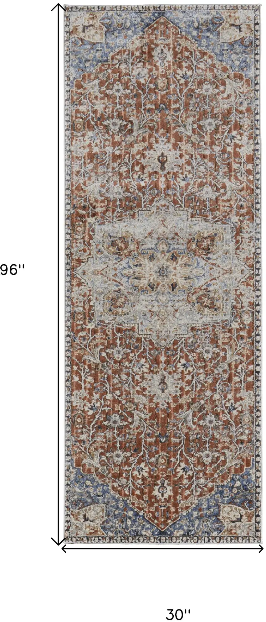 8' Ivory Blue and Orange Oriental Power Loom Runner Rug With Fringe Photo 3