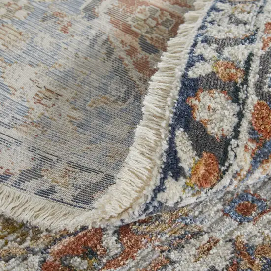 8' Ivory Blue and Orange Oriental Power Loom Runner Rug With Fringe Photo 8