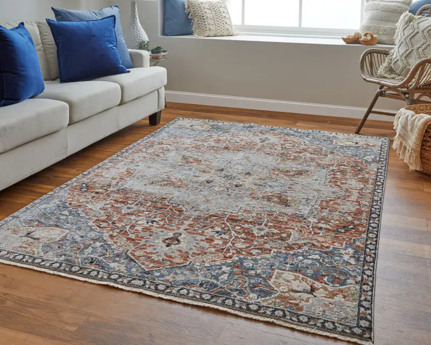 8' Ivory Blue and Orange Oriental Power Loom Runner Rug With Fringe Photo 5