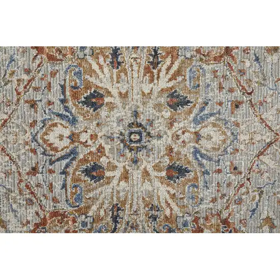 8' Ivory Blue and Orange Oriental Power Loom Runner Rug With Fringe Photo 9