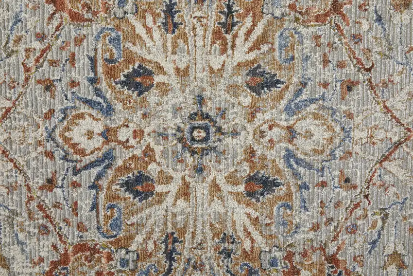 8' Ivory Blue and Orange Oriental Power Loom Runner Rug With Fringe Photo 9
