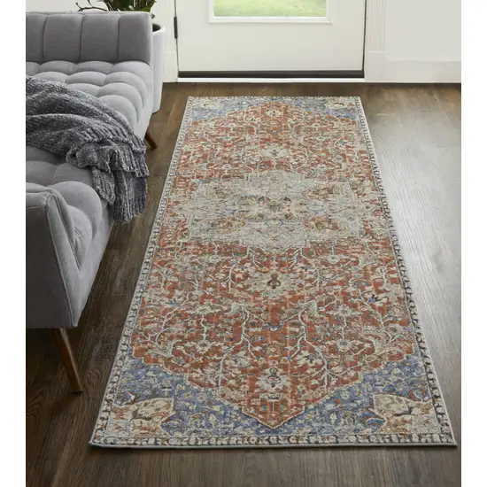 8' Ivory Blue and Orange Oriental Power Loom Runner Rug With Fringe Photo 6