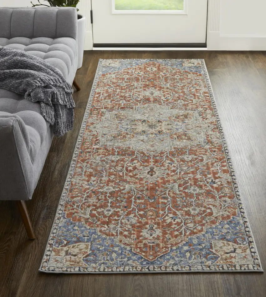 8' Ivory Blue and Orange Oriental Power Loom Runner Rug With Fringe Photo 6