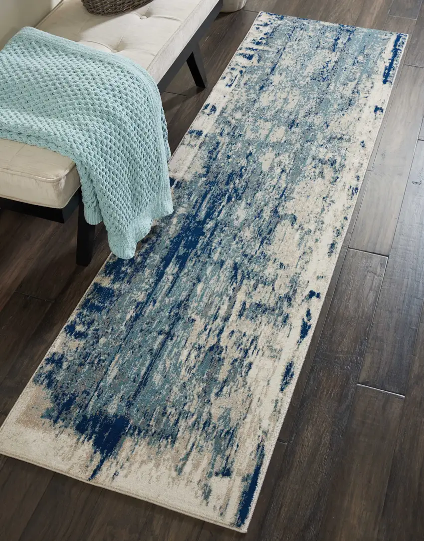 8' Ivory Blue and Slate Gray Abstract Non Skid Runner Rug Photo 8