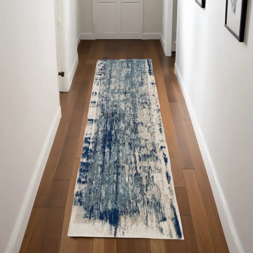 8' Ivory Blue and Slate Gray Abstract Non Skid Runner Rug Photo 1