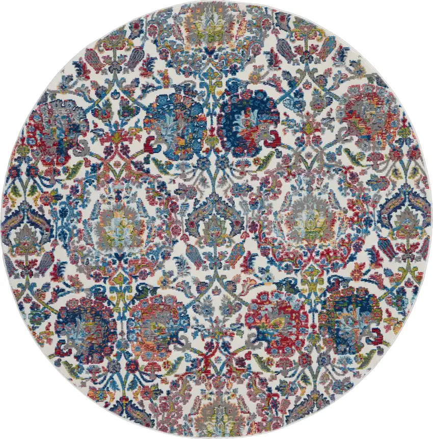 4' Ivory Blue and Yellow Floral Distressed Non Skid Round Rug Photo 2