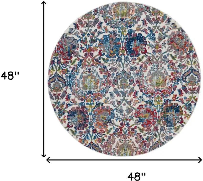 4' Ivory Blue and Yellow Floral Distressed Non Skid Round Rug Photo 3