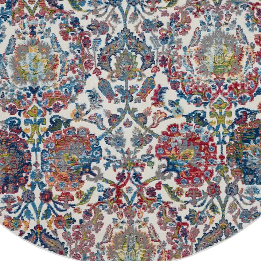4' Ivory Blue and Yellow Floral Distressed Non Skid Round Rug Photo 7