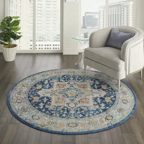 4' Ivory Blue and Yellow Floral Medallion Distressed Non Skid Round Rug Photo 5