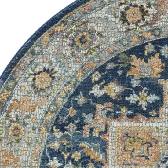 4' Ivory Blue and Yellow Floral Medallion Distressed Non Skid Round Rug Photo 3