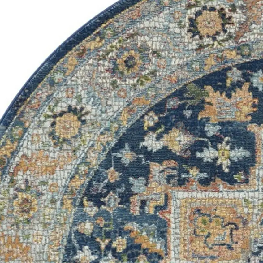 4' Ivory Blue and Yellow Floral Medallion Distressed Non Skid Round Rug Photo 3