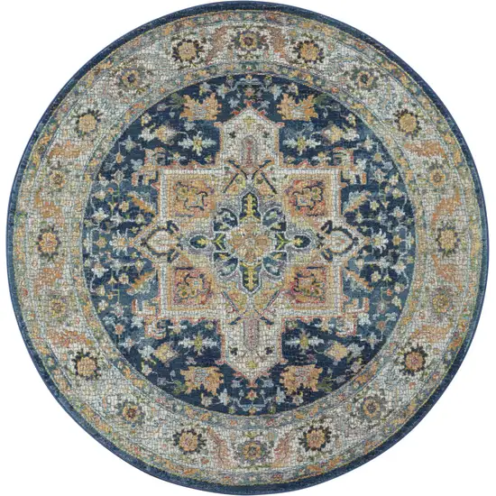 4' Ivory Blue and Yellow Floral Medallion Distressed Non Skid Round Rug Photo 4