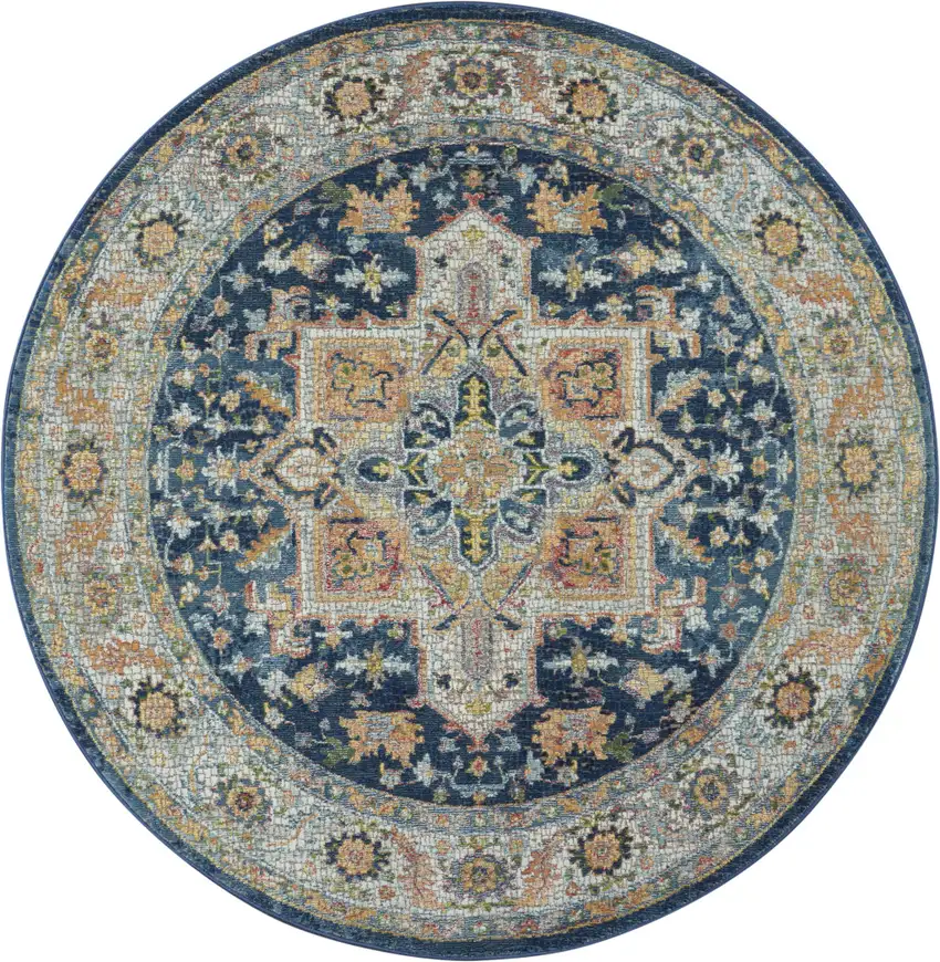 4' Ivory Blue and Yellow Floral Medallion Distressed Non Skid Round Rug Photo 4