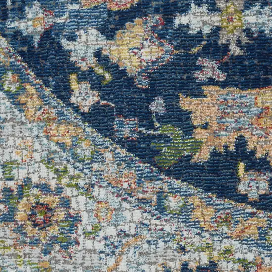 4' Ivory Blue and Yellow Floral Medallion Distressed Non Skid Round Rug Photo 9